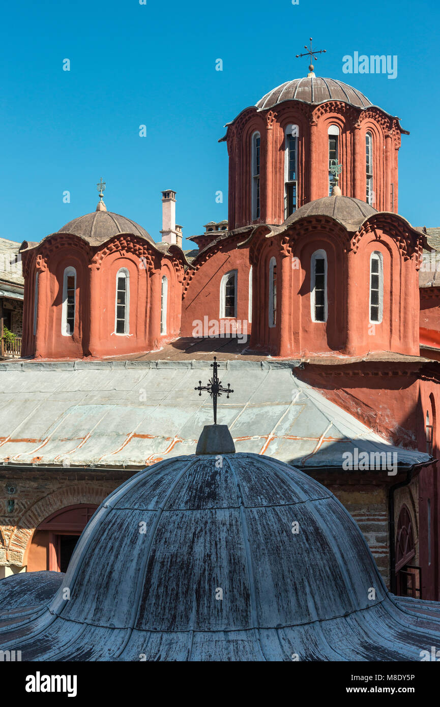 Domes and cupolas on the Katholikon in the  inner courtyard of Koutloumousiou monastery  on The Athos peninsula, Macedonia, Northern Greece Stock Photo