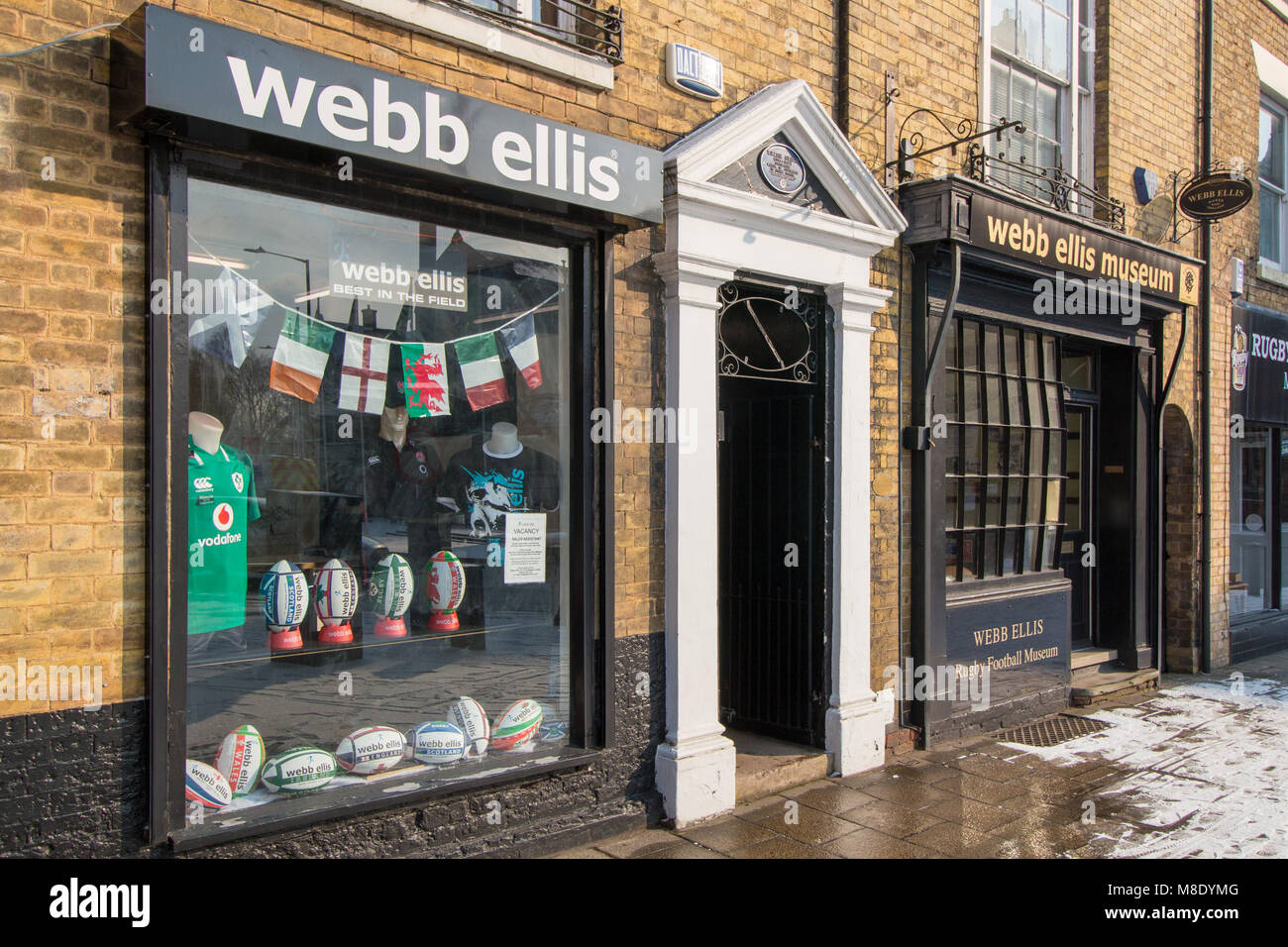 The Webb Ellis Museum in the centre of Rugby. The museum sells replica rugby balls and memorabilia about the game of Rugby. Stock Photo