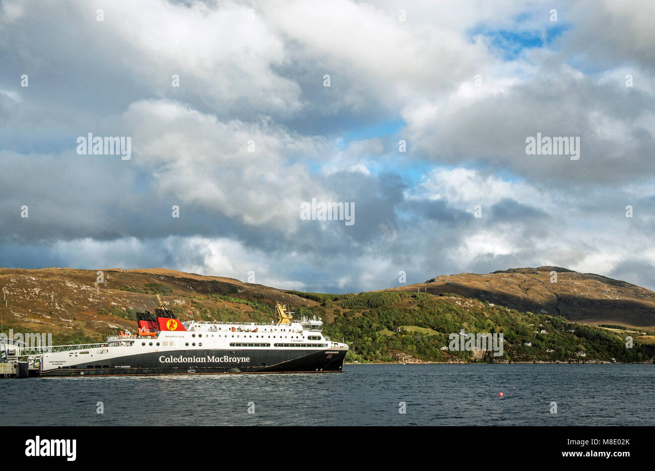 Caledonian MacBrayne Ferry Loch Seaport berthed at Ullapool. Stock Photo