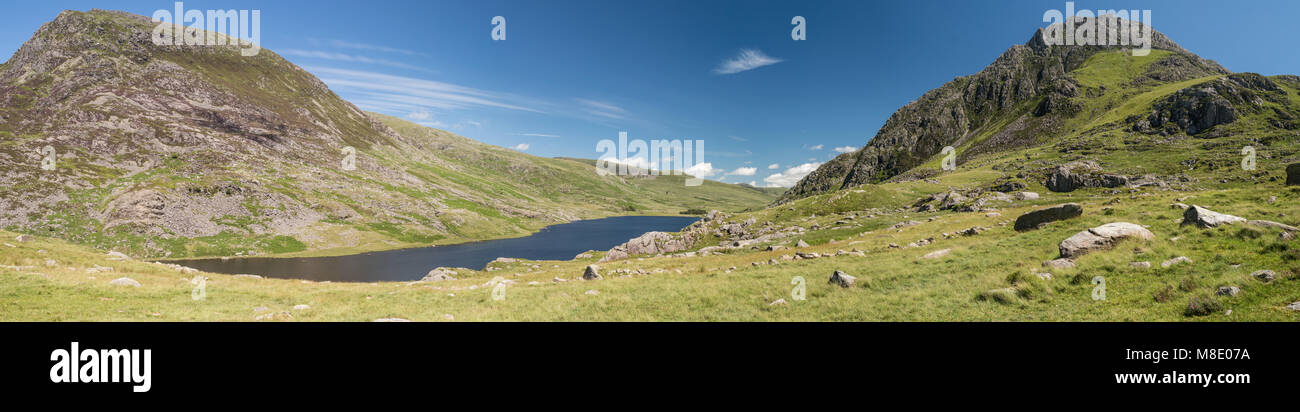 A panoramic view of the Pen Yr Ole Wen, Tryfan and the Ogwen valley on the climb up to Cwm Idwal. Stock Photo