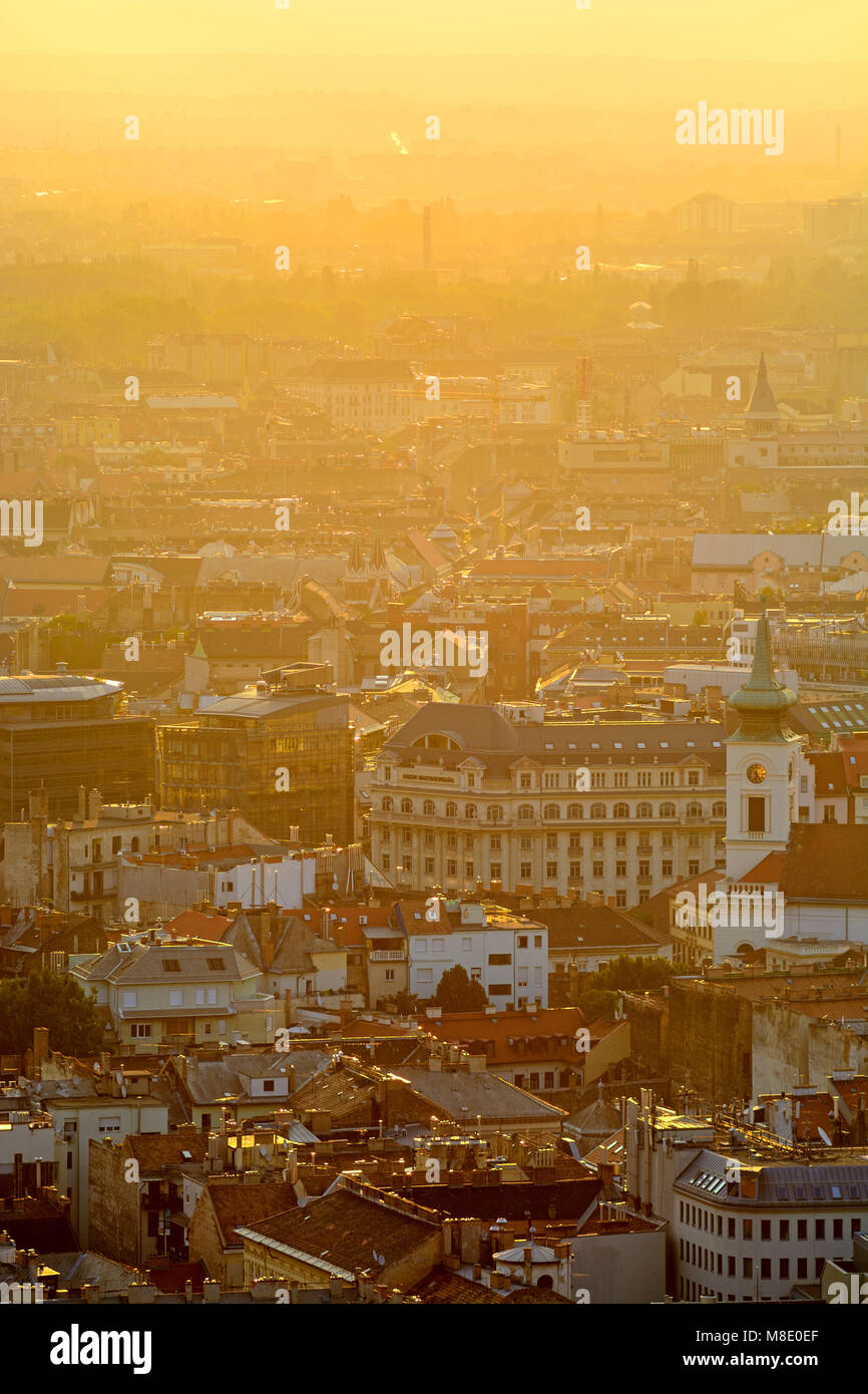 Budapest city, Pest side view in yellow haze Stock Photo