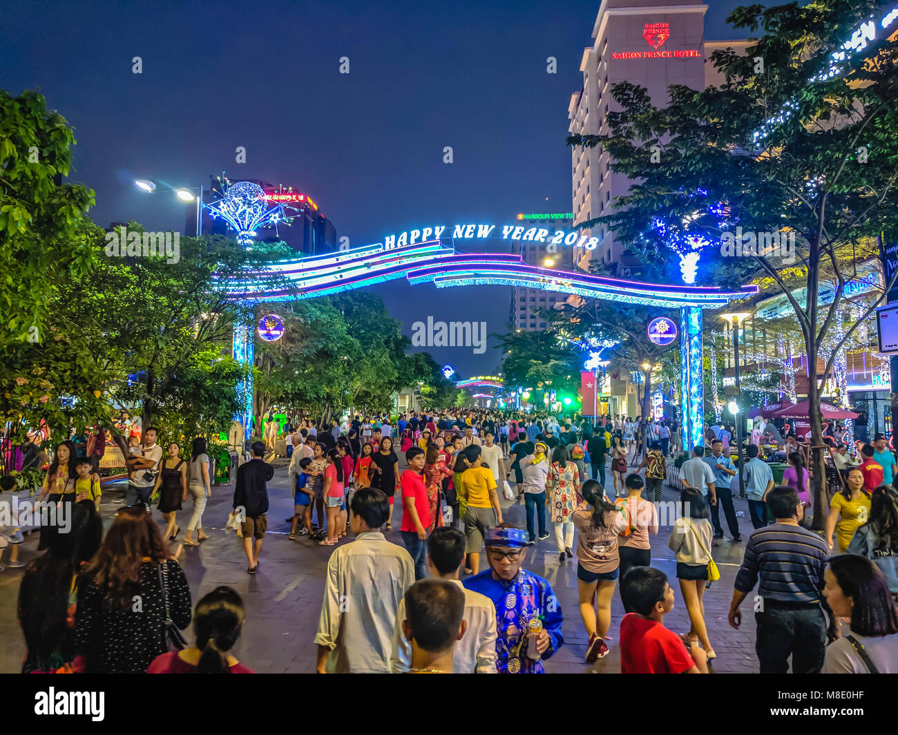 Crowds of people gather to celebrate Chinese Lunar New Year 2018, Ho Chi Minh City, Saigon, Vietnam Stock Photo