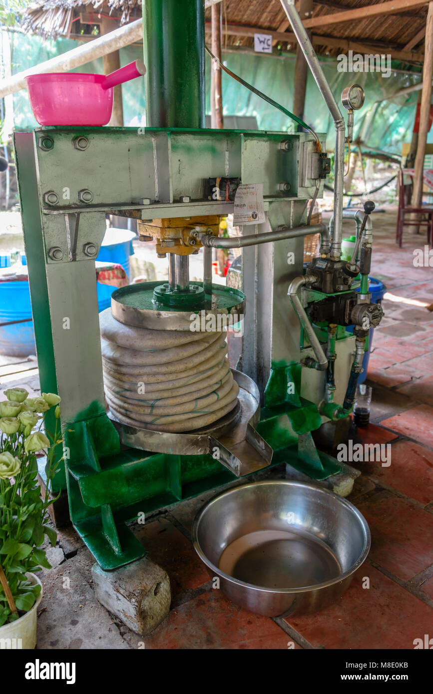 Heavy duty hydraulic press used to squeeze coconut flesh to make coconut milk, Vietnam Stock Photo
