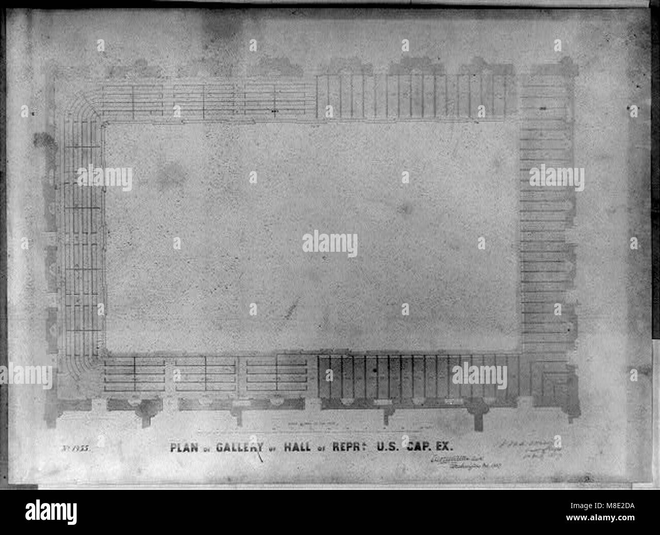 This is a detailed floor plan of the gallery of the Hall of Representatives, located within the U.S. Capitol. The layout showcases the seating arrangement for visitors observing the legislative proceedings in the House of Representatives. Stock Photo