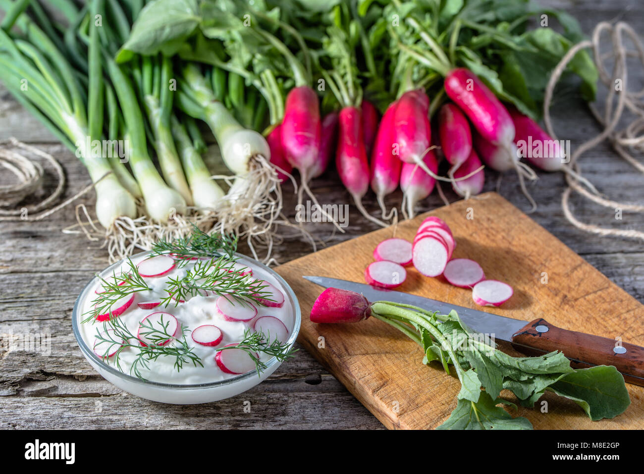 Dietary cottage cheese with radish, summer diet concept Stock Photo