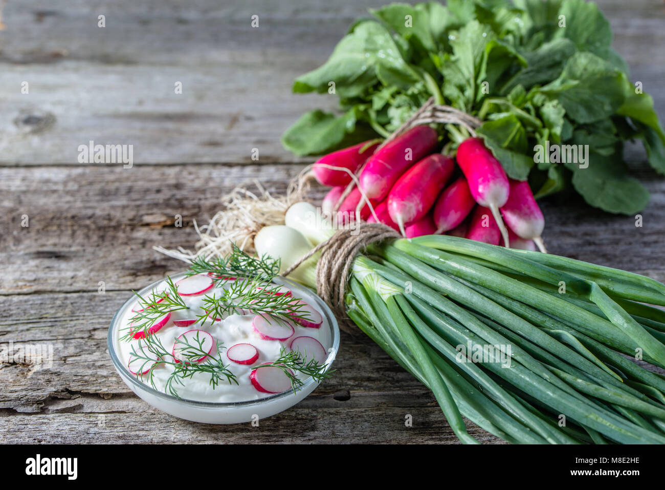 Dietary cottage cheese with radish, healthy eating concept Stock Photo