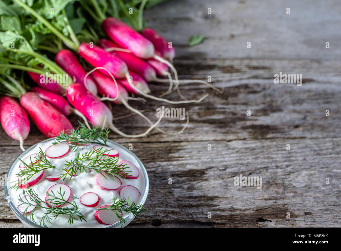 Dietary cottage cheese with radish, healthy diet concept Stock Photo
