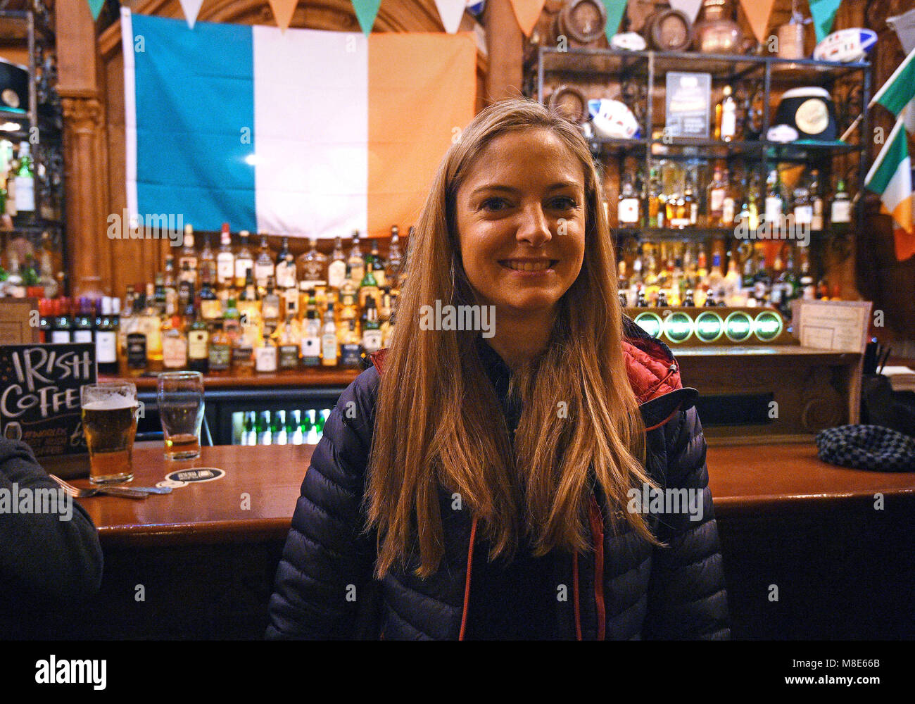 Suzie Crawford in Waxy O'Connor's in Leicester Square, London ahead of tomorrow's Six Nations match against England at Twickenham. Stock Photo