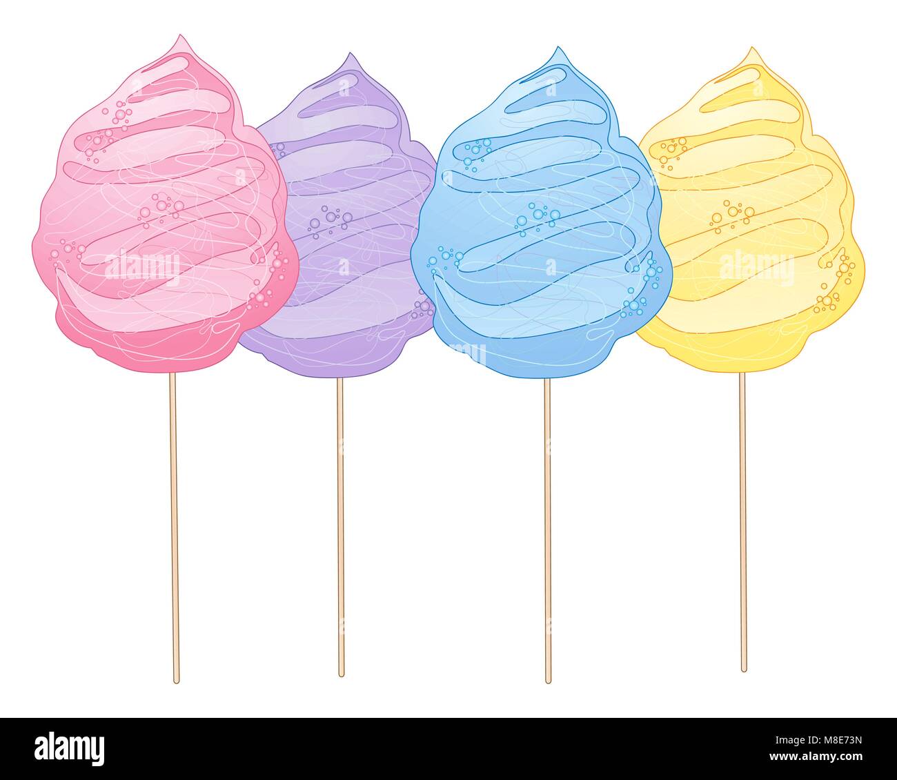 a vector illustration in eps 10 format of four cotton candy treats in bright colors in advertisment format on a white background Stock Vector