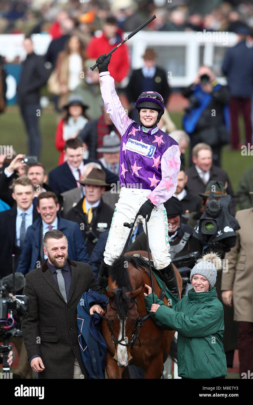 Jockey Bridget Andrews on board Mohaayed celebrates winning the Randox