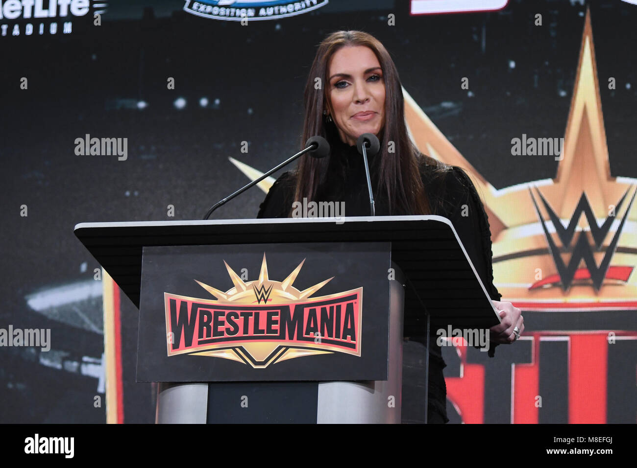 East Rutherford, NJ, USA. 16th Mar, 2018. Stephanie McMahon at the press conference announcing WWE Wrestlemania 35 returning to METLIFE Stadium in 2019 at East Rutherford, New Jersey on March 16, 2018. Credit: George Napolitano/Media Punch/Alamy Live News Stock Photo