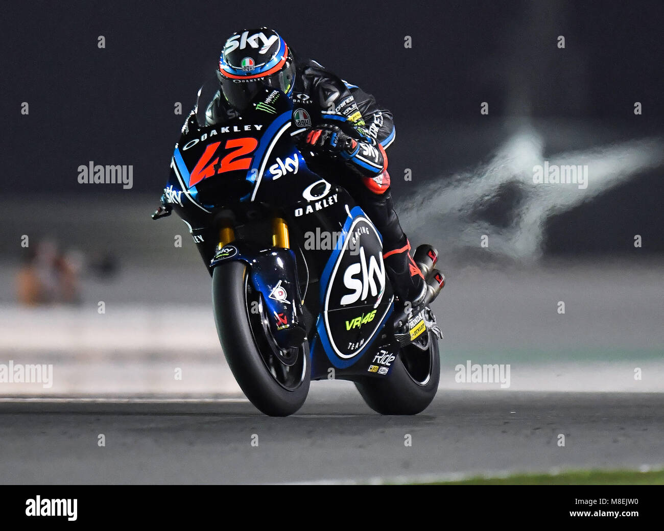 Doha, Qatar. 16th Mar, 2018. Italian Moto2 rider Francesco Bagnaia of SKY  Racing Team VR46 competes in the free-practice 2 during the 2018 MotoGP  Grand Prix of Qatar in Losail Circuit of