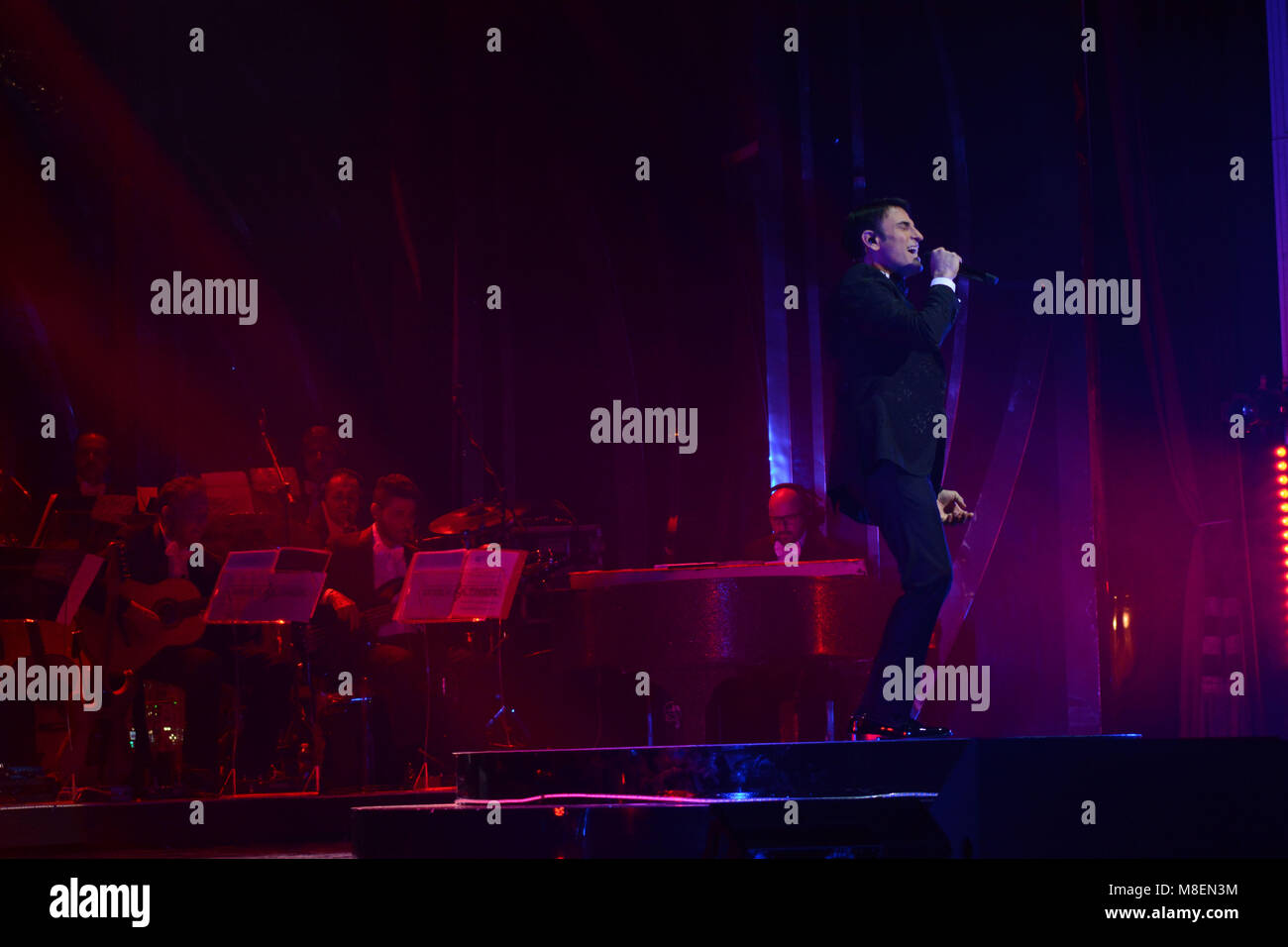 Naples, Italy. 16th Mar, 2018. Sal Da Vinci, Italian singer and actor performs live with his show 'Sinfonie in Sal maggiore' at Teatro Augusteo in Naples. Stock Photo