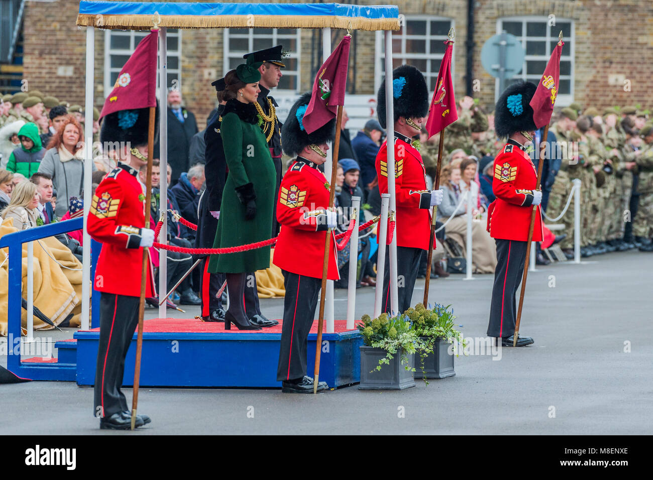 London, UK, 17 Mar 2018. The Duke of Cambridge, Colonel of the Irish Guards, accompanied by The Duchess of Cambridge, visited the 1st Battalion Irish Guards at their St. Patrick's Day Parade. 350 soldiers marched onto the Parade Square at Cavalry Barracks led by their mascot, the Irish Wolfhound Domhnall. Stock Photo