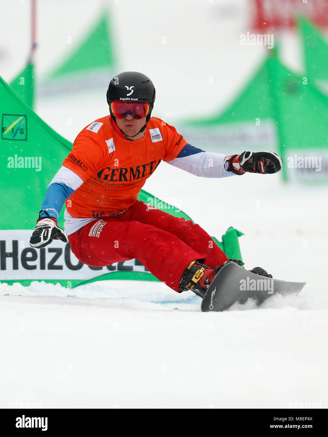 Winterberg, Germany, 17 March 2018, Snowboard World Cup, parallel slalom, men's single. Nevin Galmarini of Switzerland in action. Photo: Ina Fassbender/dpa Stock Photo