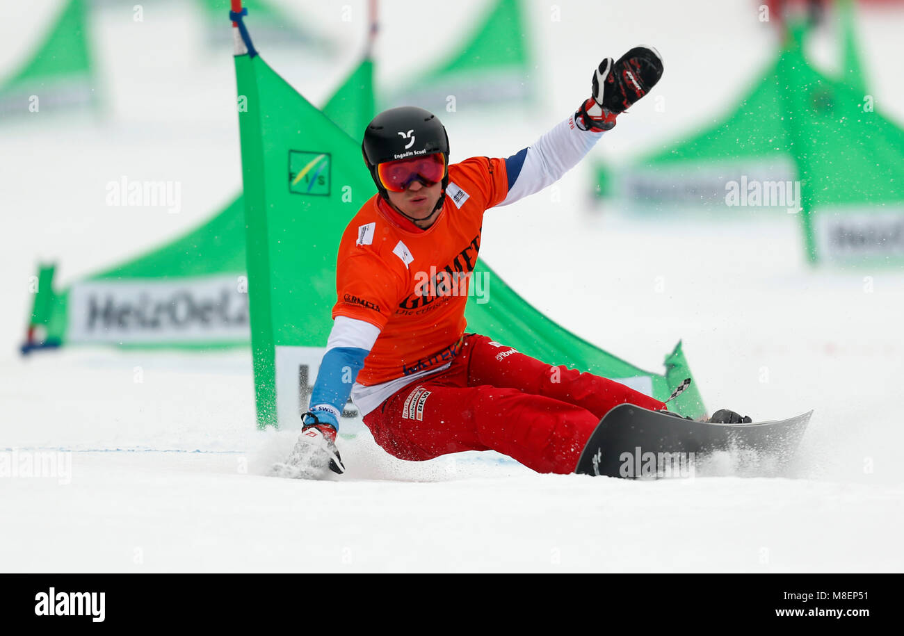 Winterberg, Germany, 17 March 2018, Snowboard World Cup, parallel slalom, men's single.Nevin Galmarini of Switzerland in action. Photo: Ina Fassbender/dpa Stock Photo