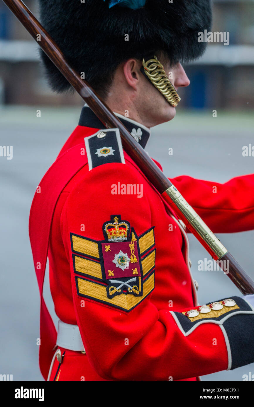 London, UK, 17 Mar 2018. TA marker marches on - he Duke of Cambridge, Colonel of the Irish Guards, accompanied by The Duchess of Cambridge, visited the 1st Battalion Irish Guards at their St. Patrick's Day Parade. Credit: Guy Bell/Alamy Live News Stock Photo