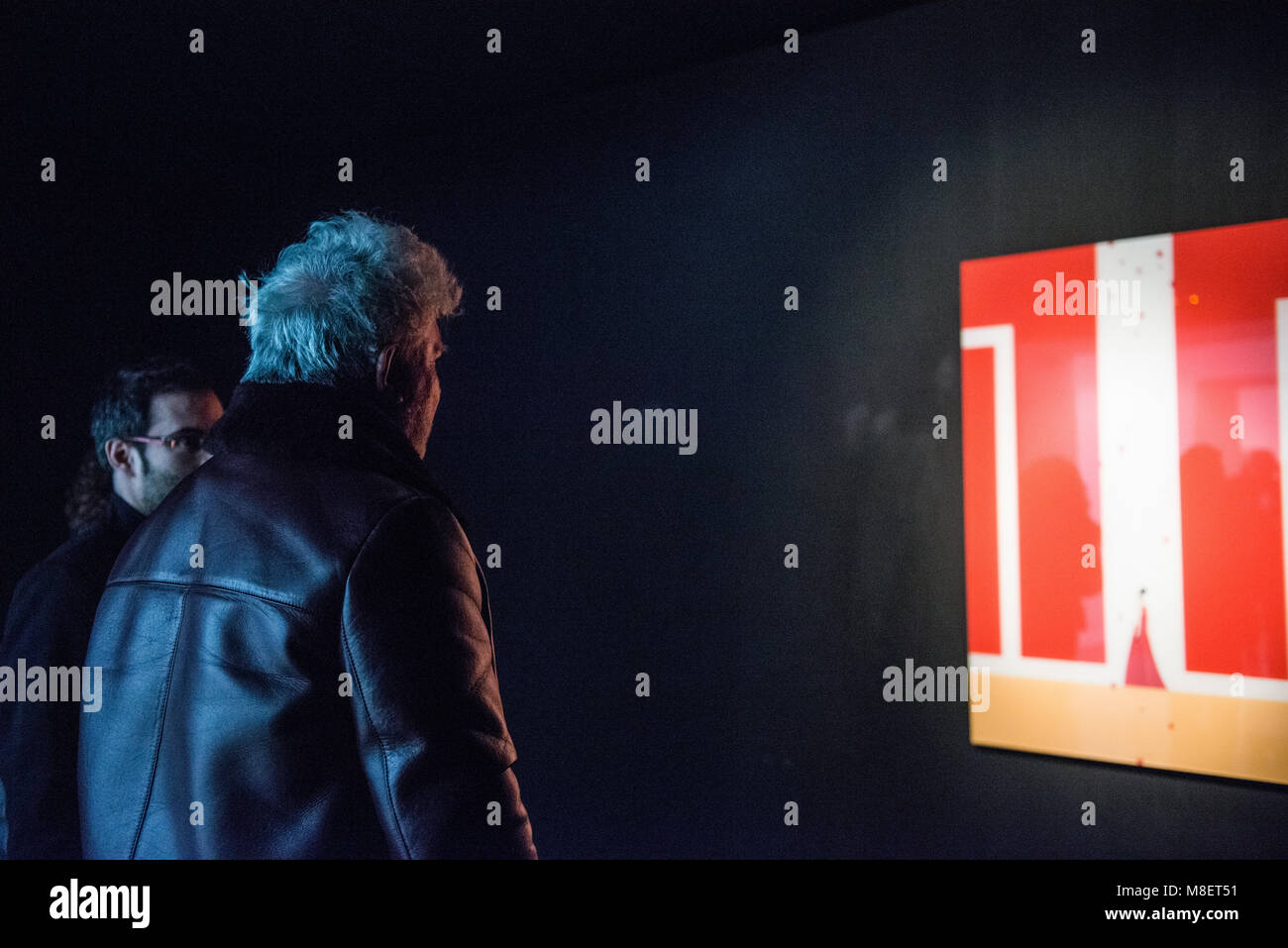 Cáceres, Spain. 17th Mar, 2018. Spanish filmmaker and international director, visits 'Tú y yo no somos como todo el mundo', an exhibition of artworks inspired on his films.  Almodovar will receive this afternoon the Honorary Award at the San Pancracio film festival in Cáceres.  Esteban Martinena/Alamy Live News. Stock Photo