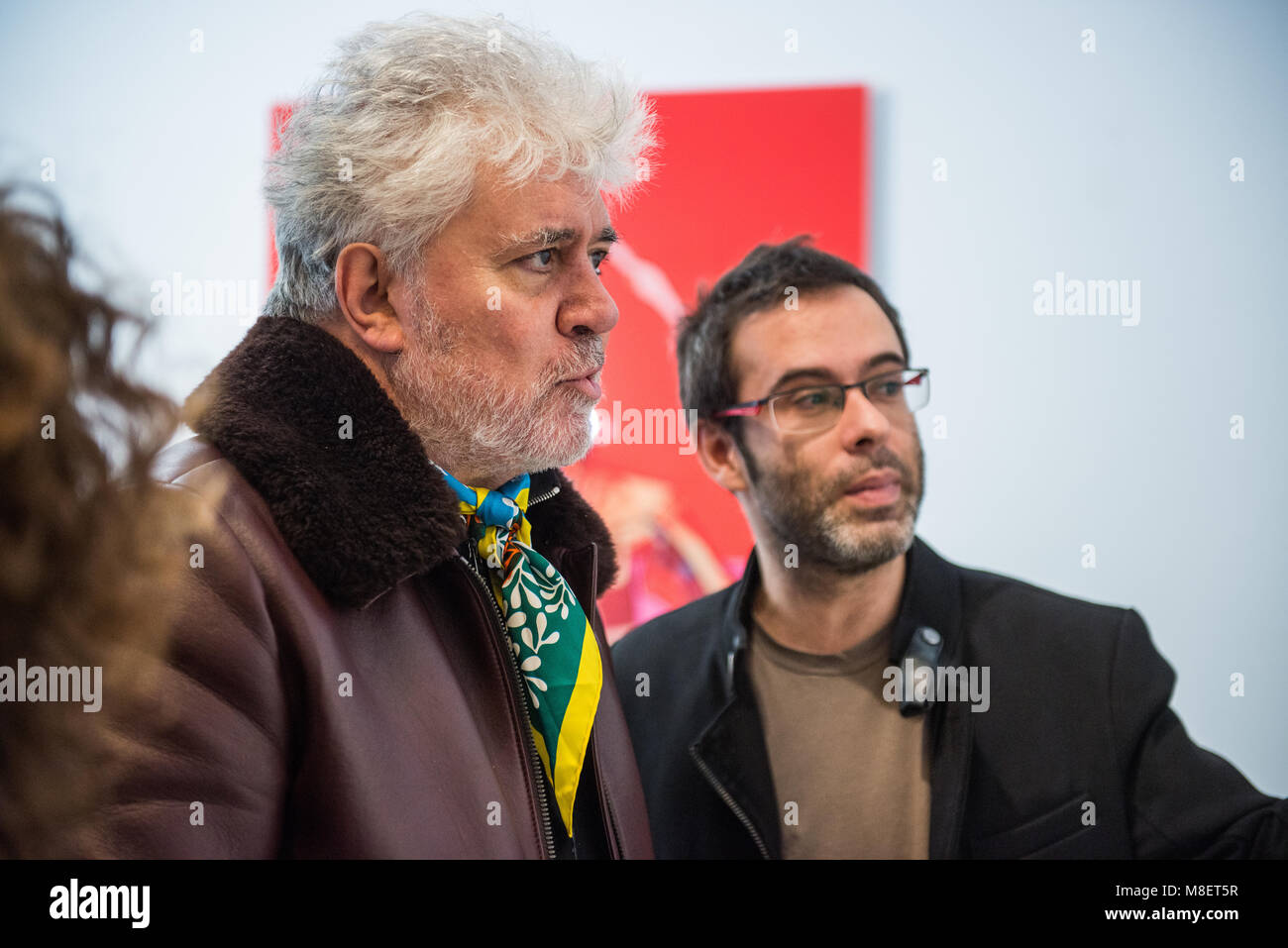 Cáceres, Spain. 17th Mar, 2018. Spanish filmmaker and international director, visits 'Tú y yo no somos como todo el mundo', an exhibition of artworks inspired on his films.  Almodovar will receive this afternoon the Honorary Award at the San Pancracio film festival in Cáceres.  Esteban Martinena/Alamy Live News. Stock Photo