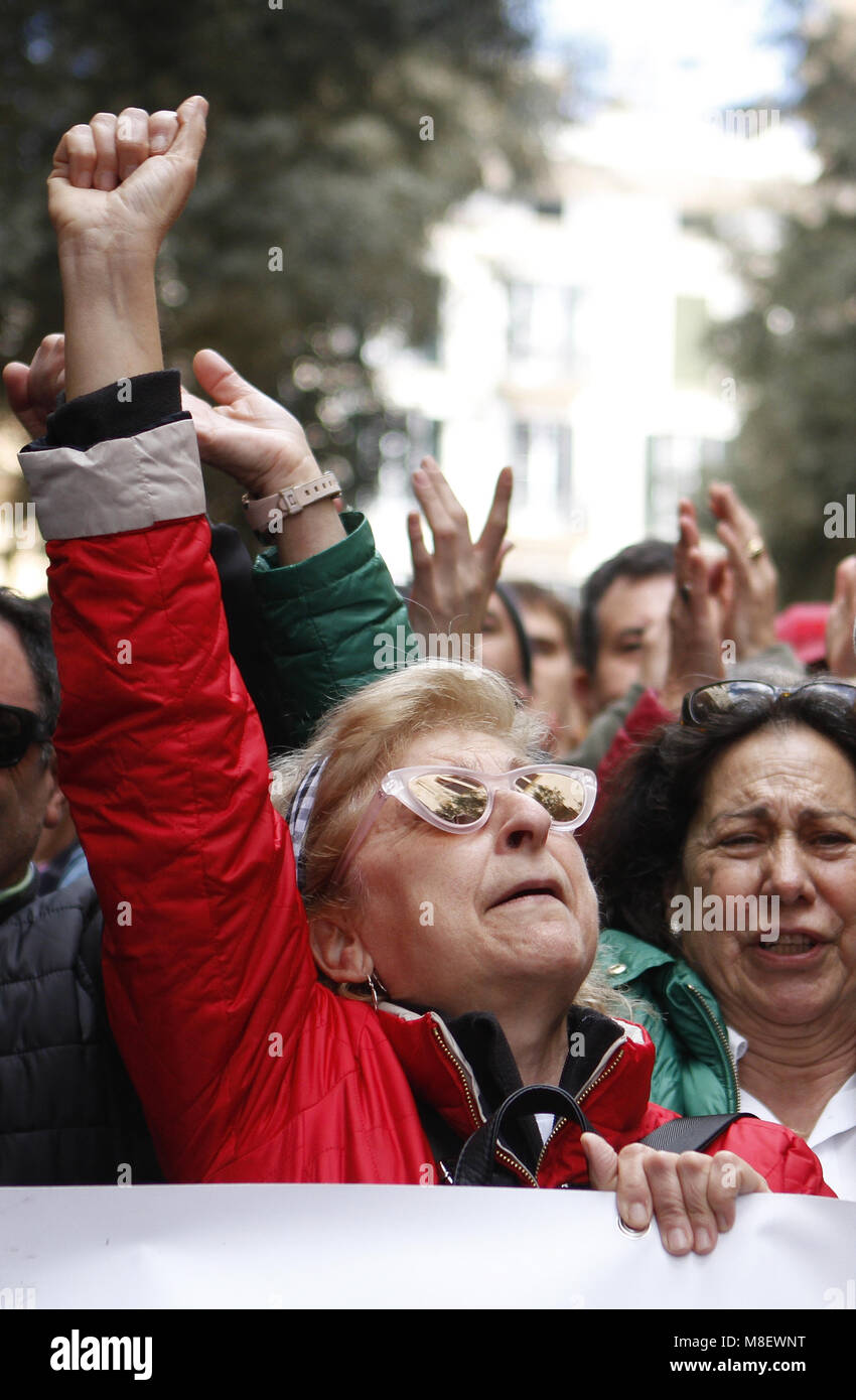 Palma, Balearic Islands, Spain. 17th Mar, 2018. Trade unions, political parties of the left and the Platform of Associations of Retirees and Pensioners of Mallorca mobilize for the defense of the Public Pension System. Retirees are demonstrating throughout Spain, asking for higher pensions and demanding that the authorities guarantee funds for social security. Protesters say the 0.25 percent increase in pensions this year is ''miserable'' and say that it is not enough to keep pace with inflation. The government does not believe that the pensions payouts in Spain are sustainable with the agei Stock Photo