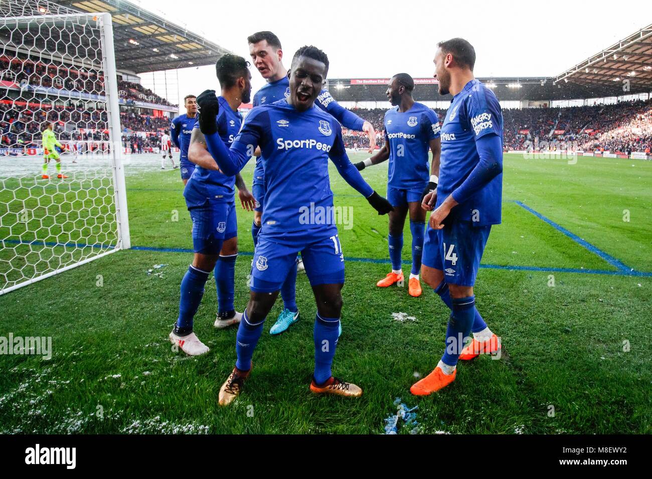 Stoke-on-Trent, UK, 17 Mar 2018. Idrissa Gueye of Everton celebrates his side's second goal to make the score 1-2 during the Premier League match between Stoke City and Everton at Bet365 Stadium on March 17th 2018 in Stoke-on-Trent, England. (Photo by Daniel Chesterton/phcimages.com) Stock Photo