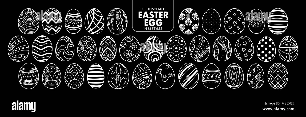 Set of isolated Easter eggs in 35 styles. Cute hand drawn vector illustration only white outline on black background. Stock Vector
