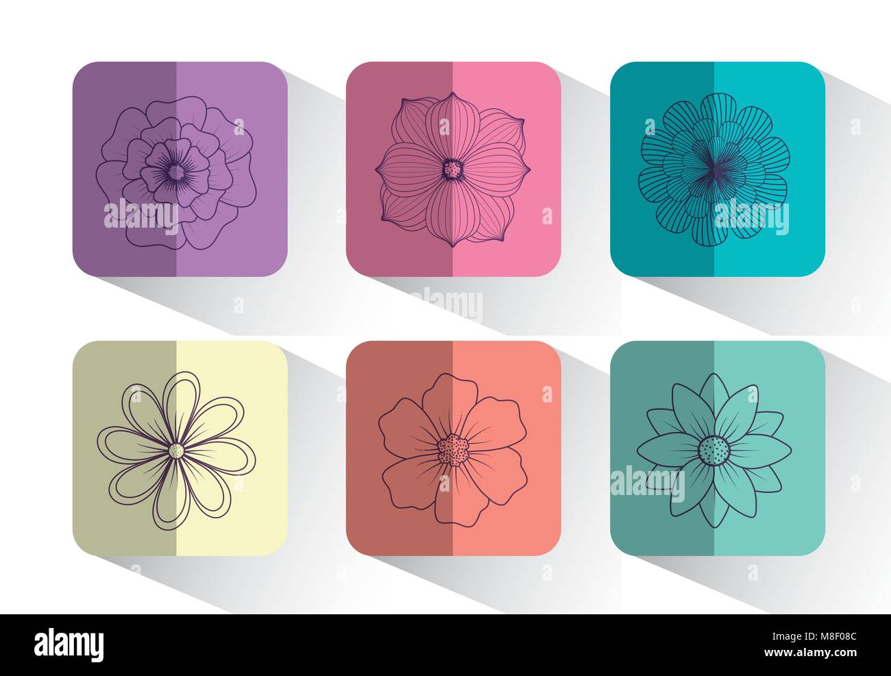 icon set of beautiful flowers over colorful squares and white ...