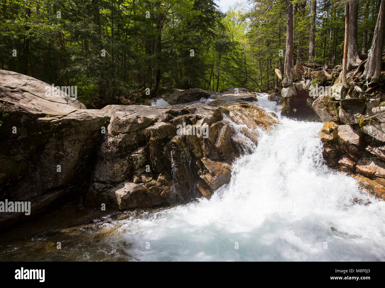 Flowing streams at The Basin in Franconia Notch State Park in Lincoln, New Hampshire on a sunny spring day. Stock Photo