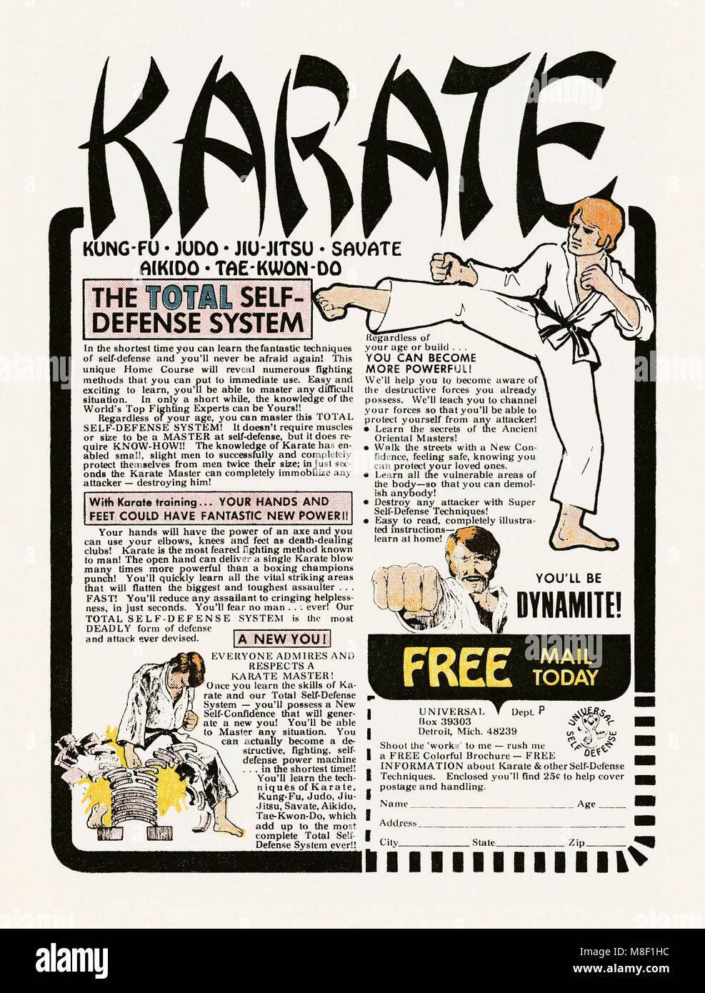 1975 advert for learning Karate and other self-defence techniques at home. It appeared in an American children's comic. Learning martial arts and enhancing fitness by using mail-order instruction books to provide an exercise programme was popular in the days before videos and the internet Stock Photo
