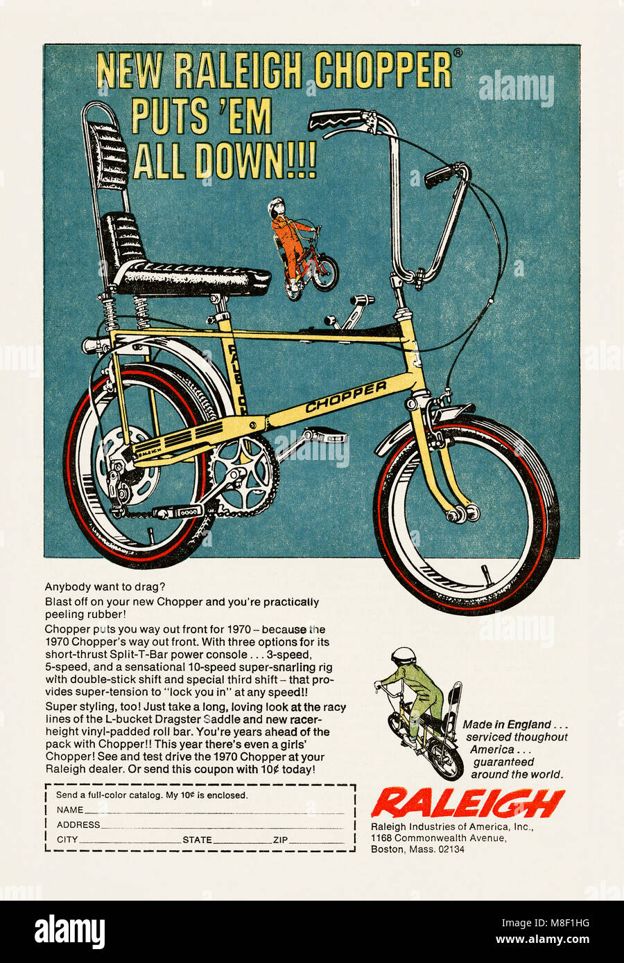 A 1970 advert for Raleigh Chopper bikes. It appeared in an American children's comic. The Raleigh Chopper is a children's bicycle, designed and manufactured in the 1970s by the Raleigh Bicycle Company of Nottingham, England, UK. Its unique design became a cultural icon especially in the USA Stock Photo