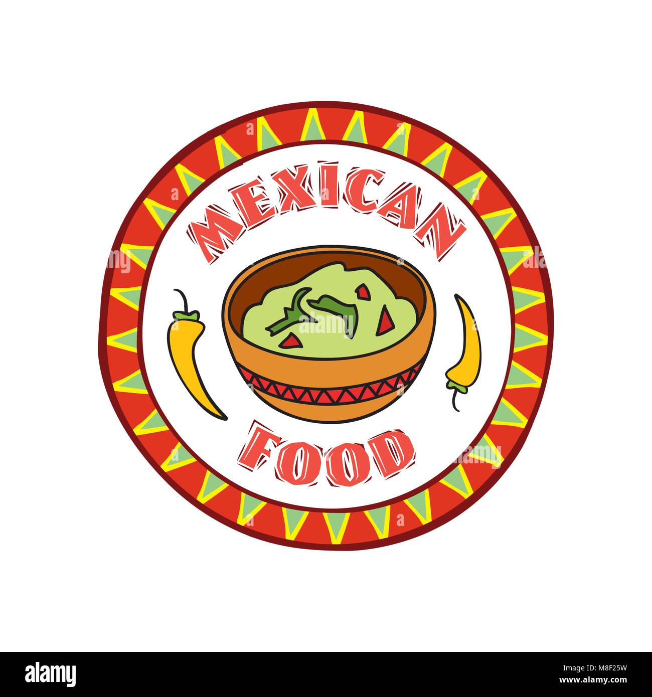 Mexican food symbol. Traditional cuisine set. Mexican dish doodles sign. Fastfood icon. Round shape sign. Fastfood icon. Stock Vector