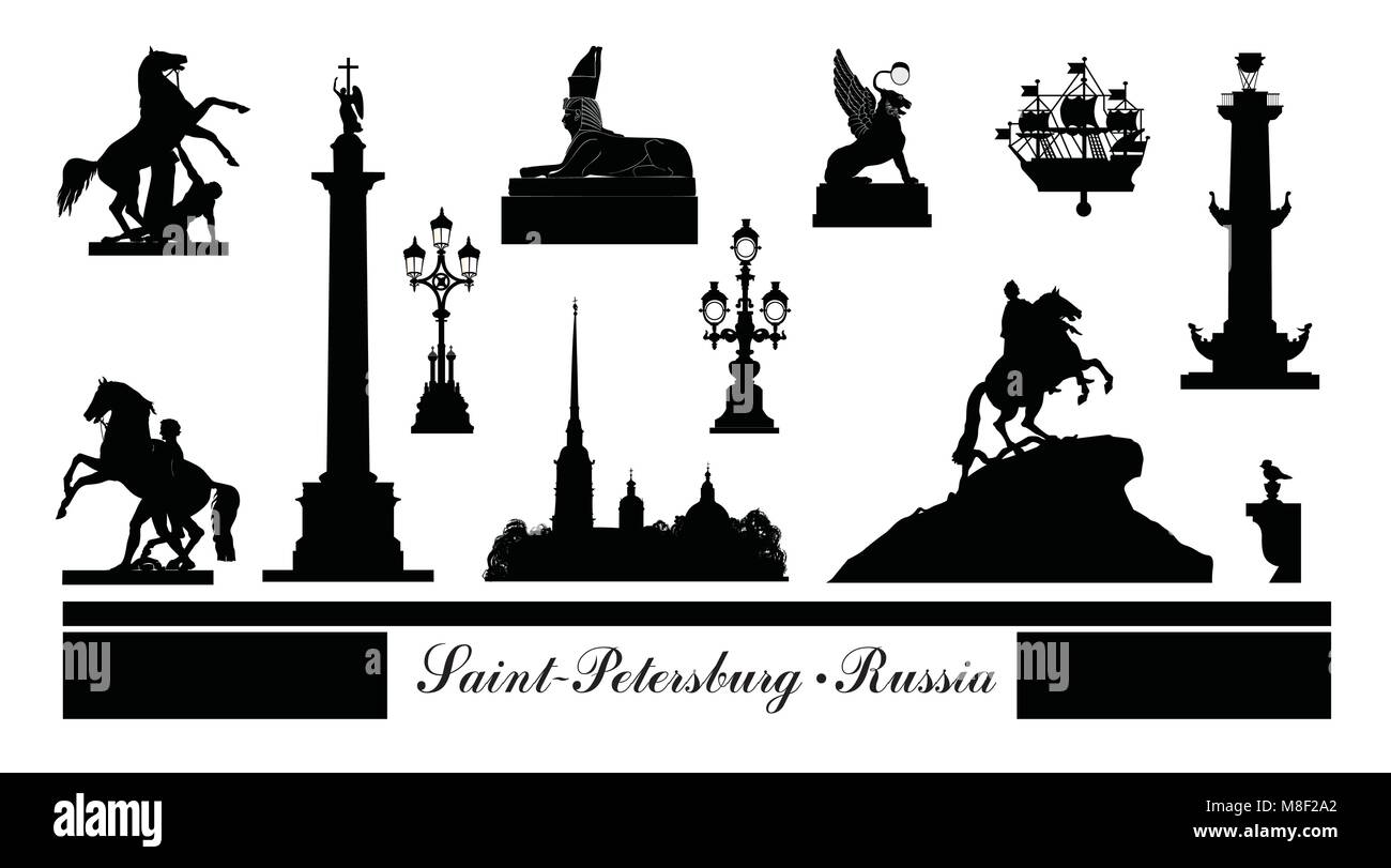 St. Petersburg city symbol set, Russia. Tourist landmark icon collection. Russian famous place in Saint-Petersburg Stock Vector