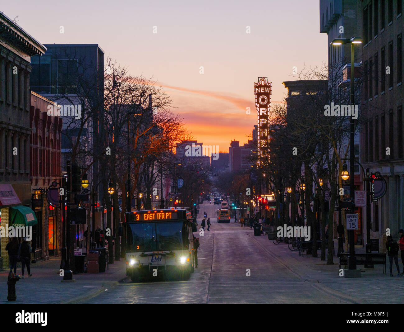 State Street at twilight. Madison, Wisconsin. Stock Photo