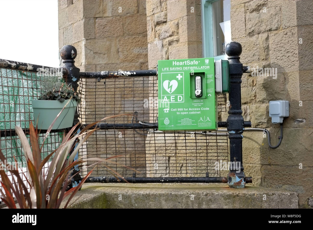 March 2015 - A publicly place emergency defibrillator near the pier in Clevedon, North Somerset. Stock Photo