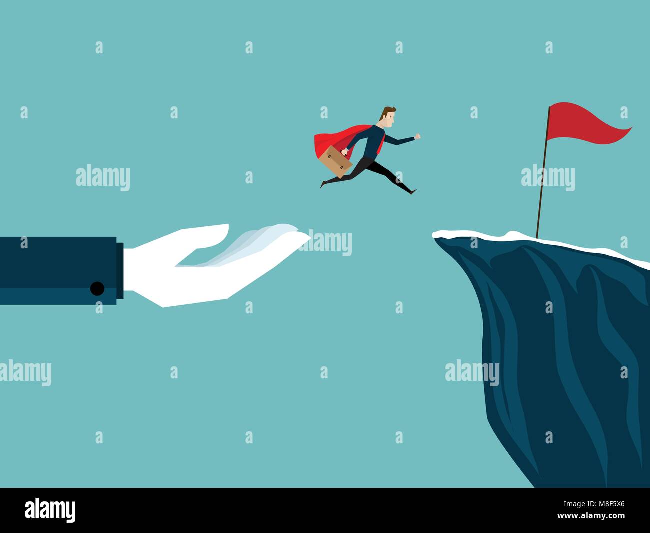 illustration of big hand help businessman jump to red flag at cliff business concept Stock Vector