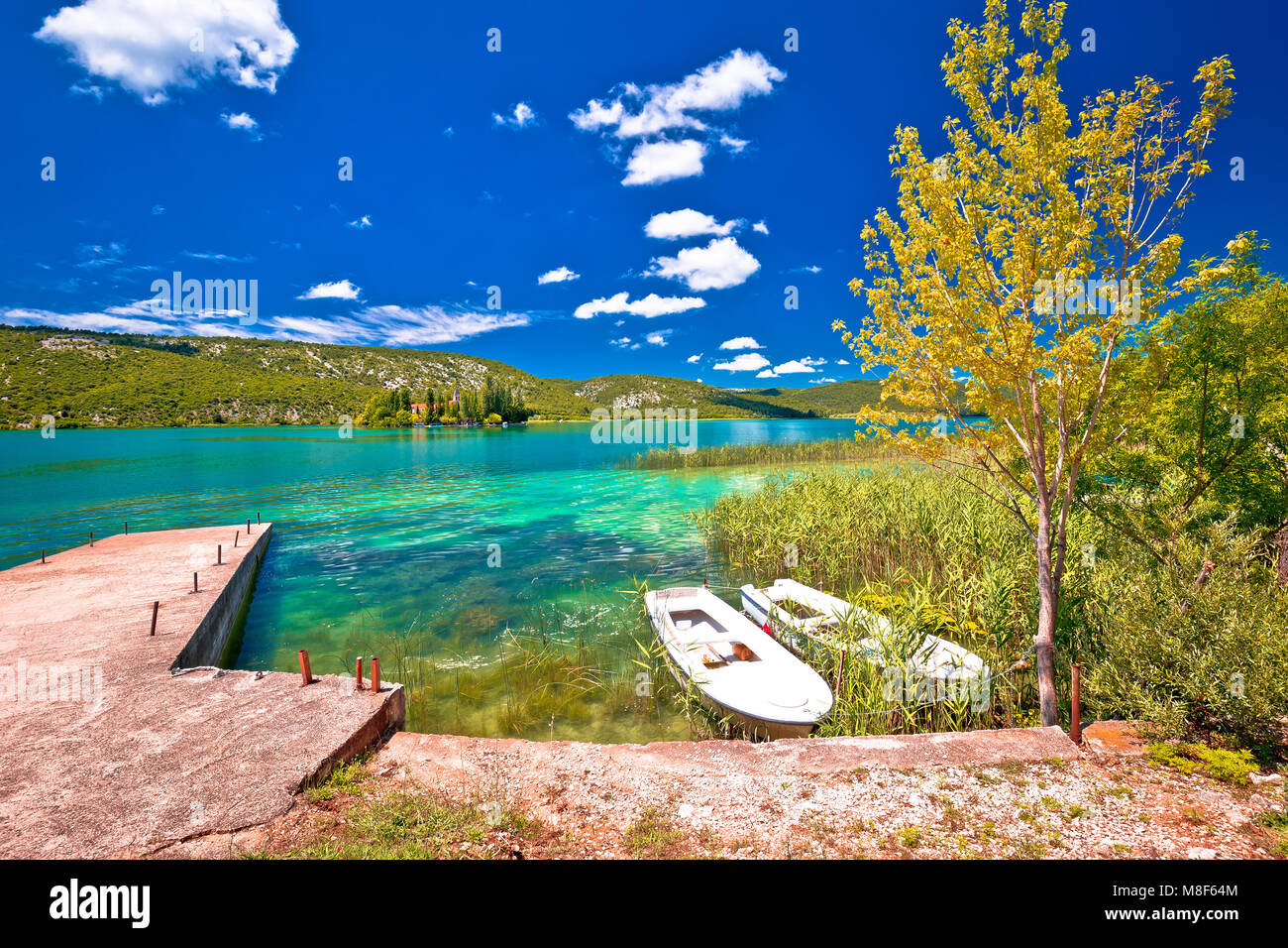 Krka river national park and idyllic Visovac island view, Dalmatia region of Croatia Stock Photo