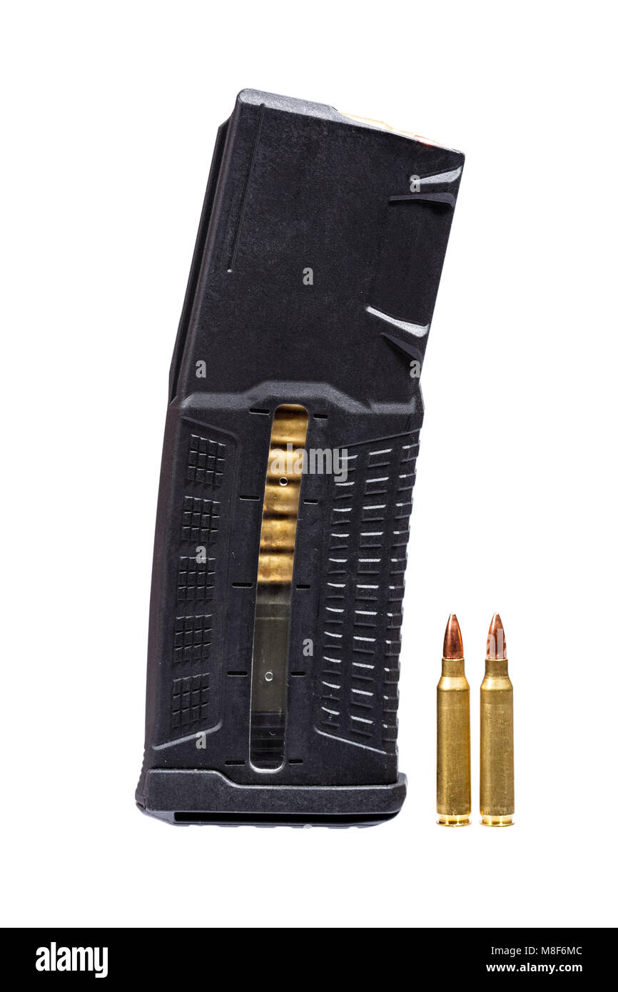 Rifle magazine neat two bulets isolatet on white. Stock Photo