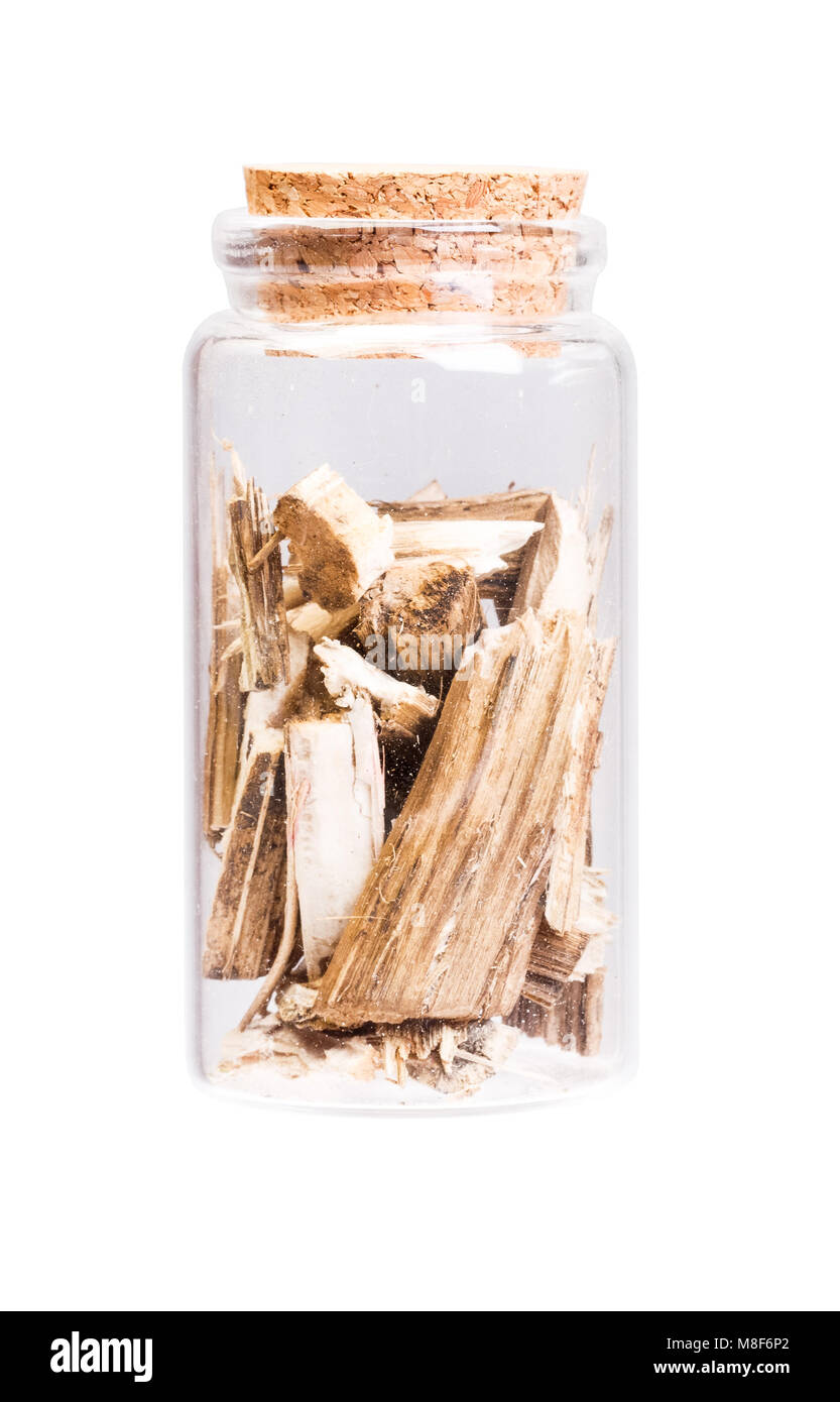 Dry Burdock in a bottle with cork stopper for medical use. Stock Photo