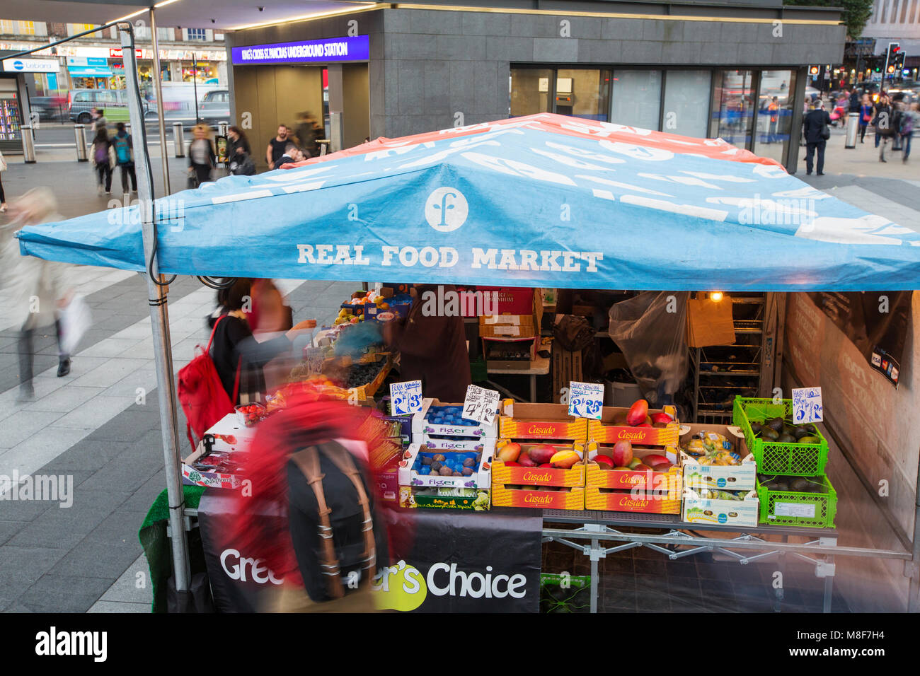 A Real Food market outside Kings Cross Station, London, UK Stock Photo