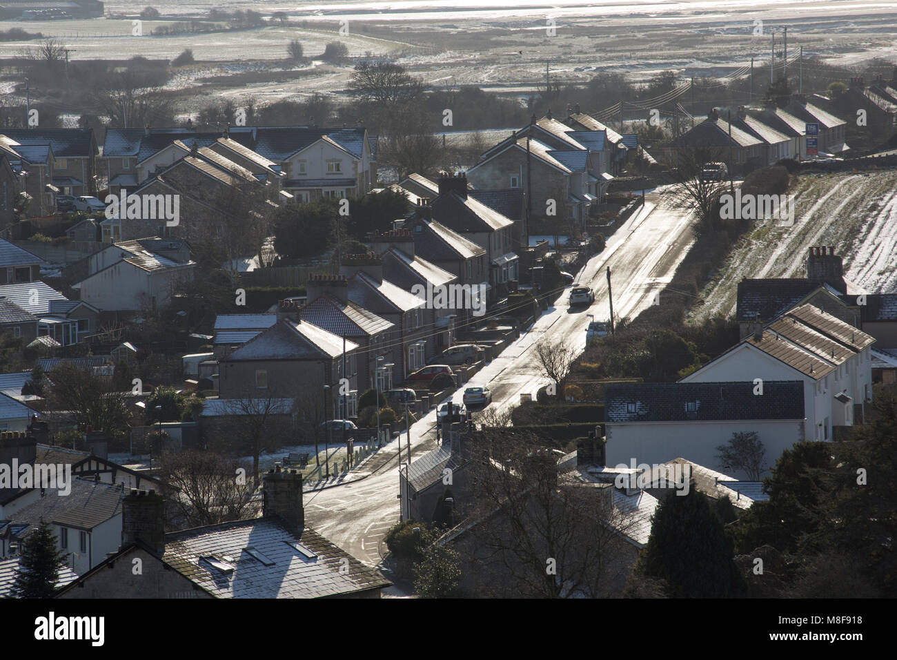 Housing on the outskirts of Warton, Lancashire Uk during the beast from the east freezing weather Stock Photo