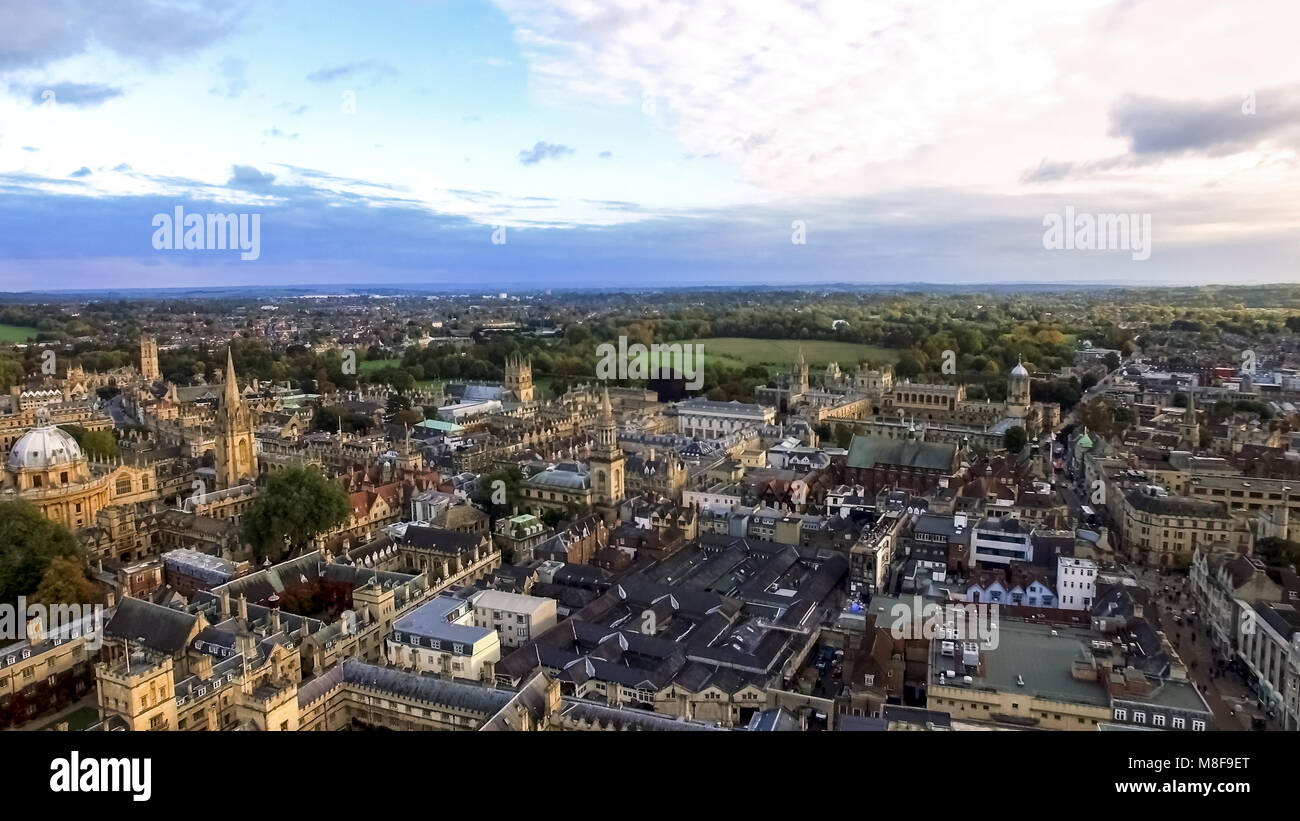 Oxford City Aerial Panoramic View feat. Famous Education Iconic Oxford University and Historic College Buildings with Skyline in Oxfordshire, England Stock Photo