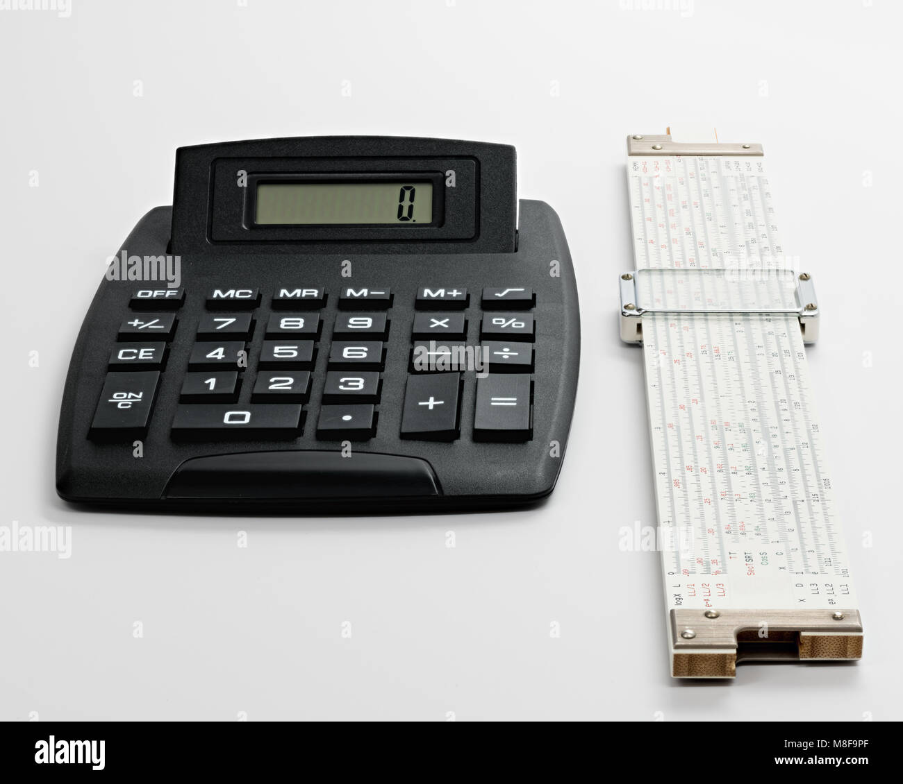 tools used by a mathematician to evaluate numbers calculator and a slide rule Stock Photo Alamy