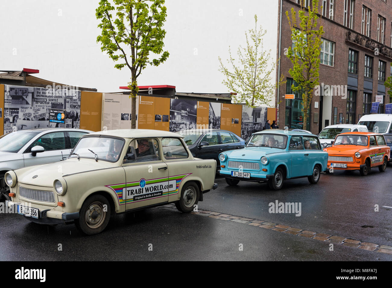 Classic Trabant cars for hire on April 19, 2017 in Berlin, Germany. Trabant is considered as one of the symbols of the former East Germany. Stock Photo