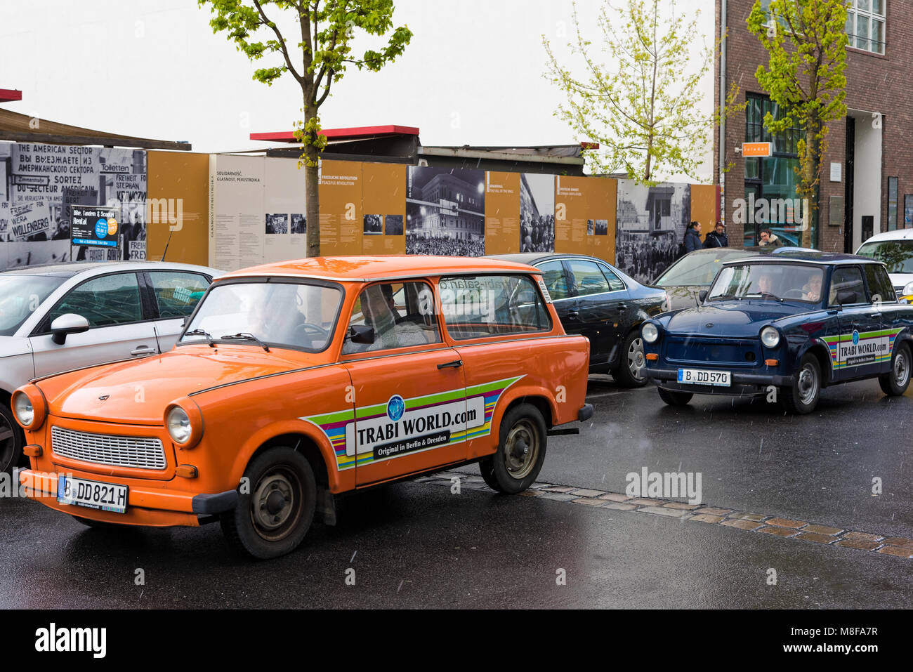 Classic Trabant cars for hire on April 19, 2017 in Berlin, Germany. Trabant is considered as one of the symbols of the former East Germany. Stock Photo