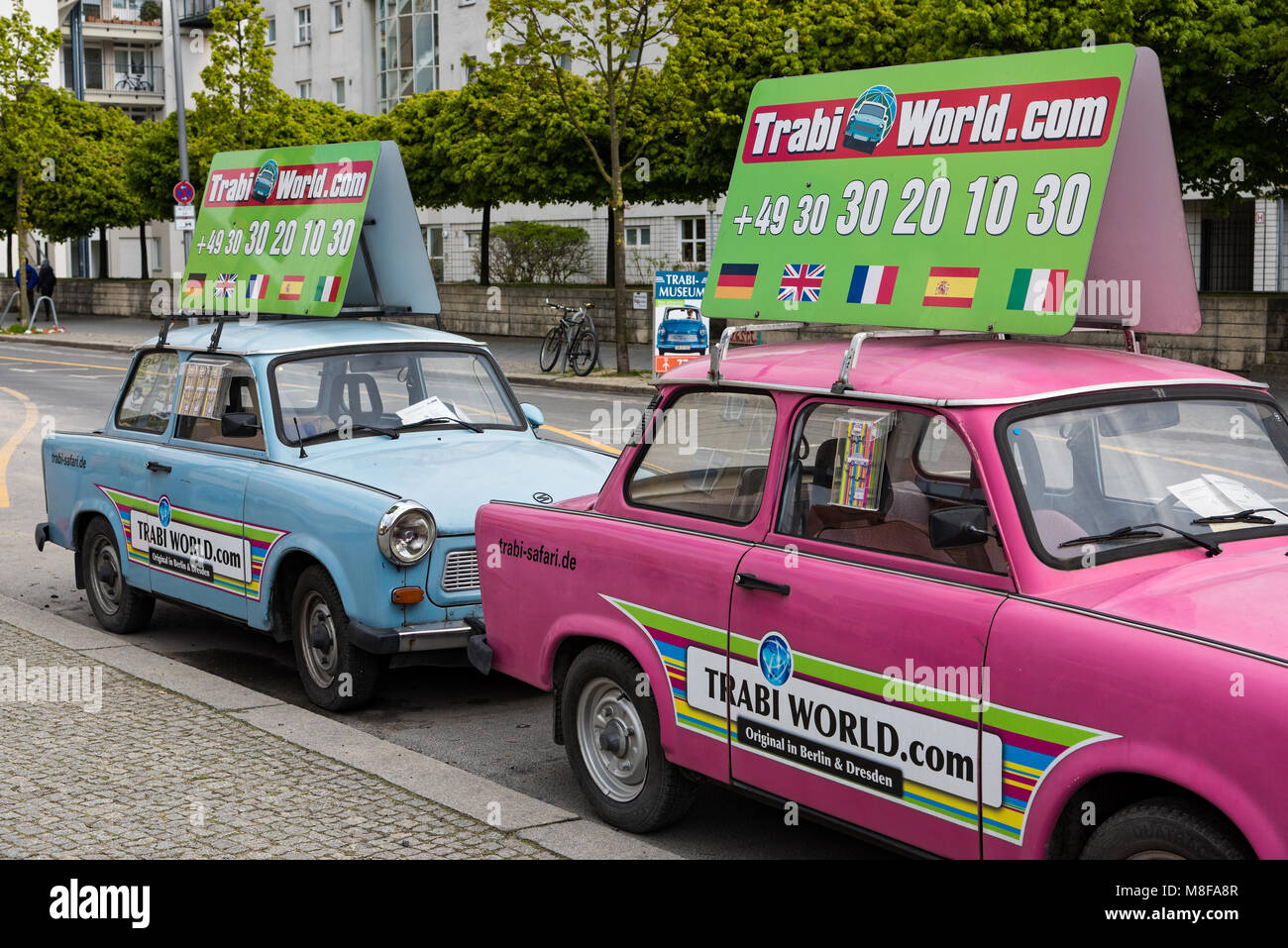 Classic Trabant cars for hire on April 19, 2017 in Berlin, Germany. Trabant is considered as one of the symbols of the former East Germany. Stock Photo