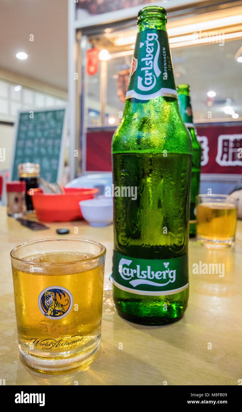 Carlsberg beer at Chinatown restaurant, Kuala Terengganu, Peninsular Malaysia Stock Photo