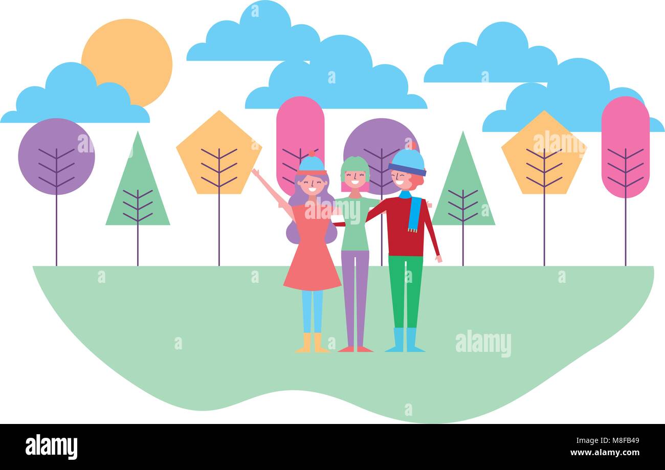 people embraced wearing warm clothes in the natural trees landscape vector illustration Stock Vector