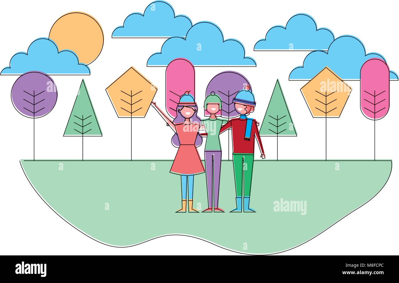 people embraced wearing warm clothes in the natural trees landscape vector illustration Stock Vector