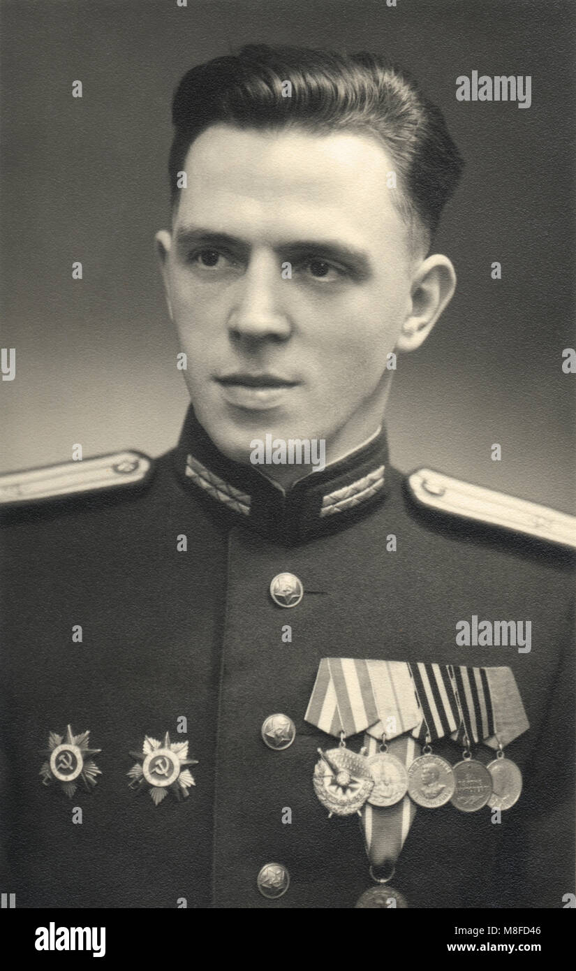 Portrait Soviet officer in the full military uniform, circa 1950 Stock Photo