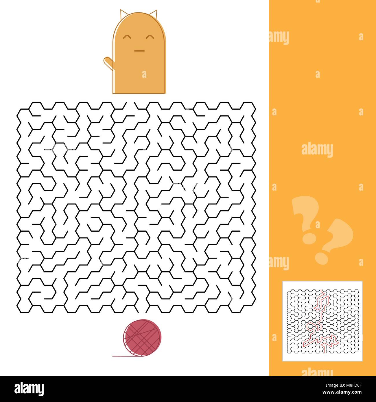 Kitten And Wool Ball Maze Game for kids with Solution Vector